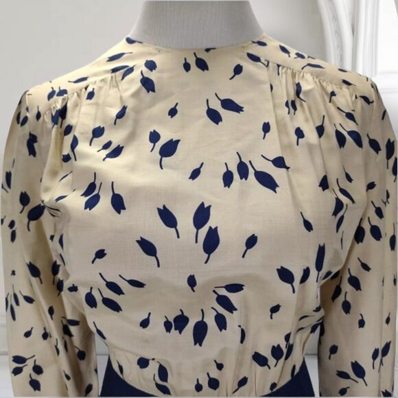 Vintage 70s Secretary Midi Dress Size 8 Blue Tulip Floral Print Long Sleeve - Picture 6 of 12